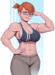  1girl abs absurdres bare_shoulders biceps blue_sports_bra breasts cleavage commission cowboy_shot flexing glasses green_eyes grey_pants grin hand_on_hip hand_up highres large_breasts looking_at_viewer midriff muscular muscular_female navel orange_hair original pants ponytail rectangular_eyewear short_hair signature smile solo speedl00ver sports_bra sweatpants v-shaped_eyebrows 