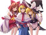  3girls alice_margatroid apron ascot bangs blonde_hair blue_dress blue_eyes blush bow braid brown_hair capelet commentary_request crossed_bangs detached_sleeves dress expressionless hair_between_eyes hair_bow hair_tubes hakurei_reimu hat hat_bow highres holding_hands holding_headgear invisible_chair japanese_clothes jingai_(k1bun) kirisame_marisa long_hair looking_at_viewer miko multiple_girls red_bow red_eyes ribbon-trimmed_sleeves ribbon_trim short_hair side_braid single_braid sitting sketch skirt smile touhou waist_apron white_apron white_background white_bow wide_sleeves witch_hat yellow_ascot 