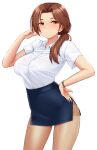  1girl bangs black_skirt blush breasts brown_pantyhose closed_mouth collared_shirt contrapposto cowboy_shot hair_over_one_eye hand_on_hip hand_up high-waist_skirt highres idolmaster idolmaster_cinderella_girls kawashima_mizuki large_breasts long_hair looking_at_viewer low_ponytail miniskirt orange_eyes pantyhose parted_bangs shirt short_sleeves simple_background skirt smile solo thighband_pantyhose tomajiyama watch white_background white_shirt wristwatch 