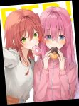  2girls bangs blue_eyes blurry blush bocchi_the_rock! breasts commentary commentary_request dot_nose doughnut eating eyelashes food food_in_mouth gotou_hitori green_eyes hair_between_eyes hands_up head_tilt heads_together highres holding holding_food jacket kanaria_hisagi kita_ikuyo long_hair looking_at_viewer multiple_girls orange_skirt pink_hair pink_jacket red_hair selfie shirt sidelocks skirt sky small_breasts standing very_long_hair viewfinder white_shirt 