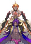  2boys ahoge bhima_(fate) carrying coat dark-skinned_male dark_skin dual_wielding fate/grand_order fate_(series) holding holding_sword holding_weapon long_hair male_focus multiple_boys open_clothes open_coat orange_hair purple_hair rama_(fate) rkp shoulder_carry sword weapon 