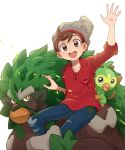  1boy :d arm_up bangs beanie brown_eyes brown_hair cable_knit commentary_request denim futako_(gemini_ds) grey_headwear grookey hat highres jeans male_focus open_mouth pants pokemon pokemon_(creature) pokemon_(game) pokemon_swsh red_shirt rillaboom shirt sleeves_rolled_up smile swept_bangs teeth torn_clothes torn_jeans torn_pants upper_teeth_only victor_(pokemon) white_background 