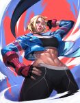  1girl arm_over_head black_pants blonde_hair blue_eyes cammy_white fingerless_gloves gloves highres ianzhouart pants short_hair street_fighter street_fighter_6 united_kingdom 