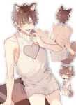  1boy alternate_costume animal_ears backless_dress backless_outfit bare_back bare_shoulders bishounen blush brown_eyes brown_hair cleavage_cutout clothing_cutout dress eiden_(nu_carnival) fox_boy fox_ears fox_tail heart_cutout highres male_focus meme_attire multiple_views naked_sweater nu_carnival short_hair simple_background sleeveless sleeveless_turtleneck sweater sweater_dress tail turtleneck turtleneck_sweater virgin_killer_sweater white_background zym89622531 