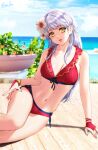  1girl arm_support bikini blue_sky breasts cleavage cloud commentary day esther_shen fire_emblem fire_emblem:_radiant_dawn fire_emblem_heroes flower hair_flower hair_ornament hibiscus long_hair looking_at_viewer medium_breasts micaiah_(fire_emblem) navel official_alternate_costume parted_lips pink_lips red_bikini sitting sky solo stomach swimsuit thighs very_long_hair water white_flower white_hair yellow_eyes 