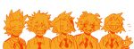  1girl 4boys ashido_mina bakugou_katsuki blazer blush boku_no_hero_academia closed_eyes collared_shirt commentary english_commentary fenkko grin horns jacket kaminari_denki kirishima_eijirou looking_at_viewer monochrome multiple_boys necktie ok_sign open_mouth orange_theme school_uniform sero_hanta shirt short_hair simple_background smile spiked_hair u.a._school_uniform upper_body white_background 