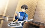  1boy black_eyes black_hair blue_sweater fingernails fuyumi_jun highres holding holding_instrument holding_paper idolmaster idolmaster_side-m idolmaster_side-m_live_on_stage! indoors instrument keytar long_sleeves male_focus musical_note official_art paper solo sweater 