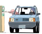  2girls bangs black_shirt blue_hair blunt_bangs bocchi_the_rock! car closed_mouth collared_shirt commentary covered_face elbow_rest expressionless fiat fiat_panda gaditava gotou_hitori ground_vehicle hair_ornament hairclip holding_ticket jacket left-hand_drive long_hair long_sleeves looking_at_another motor_vehicle multiple_girls outstretched_arm parking_meter parted_bangs pink_hair pink_jacket reaching shirt short_hair sitting track_jacket trembling white_background yamada_ryou yellow_eyes 