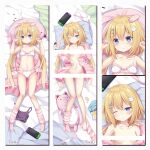  1girl :o bag_of_chips bangs barefoot bed_sheet blonde_hair blue_eyes blush bow bow_bra bow_panties bra bra_removed breasts cat_hair_ornament chips_(food) closed_mouth commentary_request copyright_request dakimakura_(medium) food groin hair_between_eyes hair_ornament hairclip hands_up highres hood hood_down hooded_jacket jacket long_hair long_sleeves loose_socks low_twintails lying multiple_views naked_jacket navel nintendo_switch no_shoes on_back one_eye_closed open_clothes open_jacket panties panties_removed parted_lips pillow pink_jacket potato_chips puffy_long_sleeves puffy_sleeves sakuraba_hikaru_(loveindog) single_sock small_breasts socks socks_removed striped striped_socks stuffed_animal stuffed_cat stuffed_toy twintails underwear underwear_only very_long_hair white_bra white_panties x_hair_ornament 