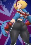  1girl ass ass_focus blonde_hair blue_eyes cammy_white fingerless_gloves flytrapxx gloves highres huge_ass looking_at_viewer looking_back official_alternate_costume official_alternate_hair_length official_alternate_hairstyle pants scar scar_on_face short_hair skin_tight solo street_fighter street_fighter_6 thick_thighs thighs tight tight_pants 