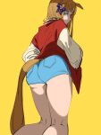  1girl alternate_costume animal_ears ass blue_eyes blue_shorts brown_hair closed_mouth ear_bow feet_out_of_frame grass_wonder_(umamusume) hands_in_pockets highres horse_ears horse_girl horse_tail jacket long_hair long_sleeves looking_at_viewer otimusyairoha red_jacket short_shorts shorts simple_background solo standing tail tail_through_clothes umamusume yellow_background 