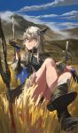  absurdres animal_ears arknights bare_legs black_dress black_footwear blue_eyes blue_sky boots cloud commentary_request day dress feng_zhe_(user_jnxf3524) grey_hair highres lappland_(arknights) lappland_(refined_horrormare)_(arknights) long_hair looking_at_viewer mountain sky thighs wolf_ears 