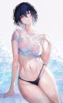  1girl bikini bikini_bottom_only black_bikini black_hair breasts crop_top highres large_breasts looking_at_viewer navel original parted_lips purple_eyes qiandaiyiyu see-through shirt short_hair short_sleeves sitting stomach swimsuit water wet wet_clothes white_shirt 