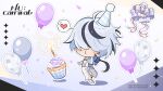  1boy :3 balloon black_hair blade_(nu_carnival) cake chibi confetti food full_body gem highres long_sleeves male_focus multicolored_hair nu_carnival official_art sharp_teeth short_hair standing streaked_hair teeth white_hair 