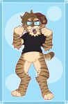  2023 anthro beanie bottomless brown_body brown_fur clothed clothing digitigrade eyebrows eyewear fangs felid fur glasses hat headgear headwear hi_res inner_ear_fluff looking_at_viewer machairodontine male mammal open_mouth saberspark saberspark_(character) sabertooth_(anatomy) shirt solo striped_body striped_fur stripes teeth thatpinkwitch1 topwear tuft whiskers 