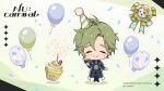  1boy balloon birthday_cake blush book cake candle chibi closed_eyes confetti food gem green_hair highres holding holding_book long_sleeves male_focus nu_carnival official_art olivine_(nu_carnival) priest short_hair smile standing 