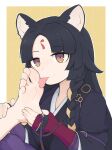  1girl animal_ears arknights barefoot beads black_hair braid dog_ears dog_girl facial_mark feet forehead_mark licking licking_own_foot looking_at_viewer prayer_beads saga_(arknights) side_braid simple_background softhanten soles solo toes tongue tongue_out 