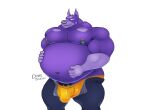  2021 5_fingers anthro balls bedroom_eyes belly big_belly big_bulge big_muscles big_nipples big_pecs black_nipples black_penis blue_bottomwear blue_clothing blue_eyes blue_pants bottomwear bulge canid canine canis clothing dobeocean dobermann domestic_dog fingers fur genitals hand_on_stomach hands_on_belly looking_at_viewer male mammal musclegut muscular muscular_anthro muscular_male narrowed_eyes navel nipples okoth_(dobeocean) orange_clothing orange_underwear overweight overweight_anthro overweight_male pants pecs penis pinscher purple_balls purple_body purple_fur seductive signature simple_background solo thick_thighs unbuttoned_pants underwear white_background 