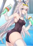  1girl :o ahoge animal_ears ass bangs black_one-piece_swimsuit blue_eyes blurry blurry_background breasts commentary_request depth_of_field ear_ornament elbow_gloves food from_behind gloves grey_hair hair_ornament highres holding holding_food horse_ears horse_girl horse_tail ice_cream_cone long_hair looking_at_viewer looking_back medium_breasts oguri_cap_(umamusume) one-piece_swimsuit open_mouth partial_commentary rei_no_pool school_swimsuit solo standing swimsuit tail teaclaw thighhighs thighs umamusume white_gloves white_thighhighs 