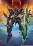  clenched_hand english_commentary force_of_will full_body genesis_chronogear halo holding holding_sword holding_weapon ishida_baru looking_at_viewer mecha no_humans purple_eyes robot science_fiction solo sword weapon 