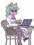  anthro black_eyes blouse bottomwear chair clothed clothing computer container cup digital_media_(artwork) domestic_cat eyewear felid feline felis female fur fur_tuft furniture green_hair hair hi_res holding_object inner_ear_fluff kero_blaster laptop legwear mammal notebook oxizn purple_body purple_fur shacho_(kero_blaster) shirt simple_background skirt solo stockings sunglasses table topwear tuft whiskers yellow_eyes yellow_sclera 