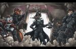  2023 absurd_res ailurid aiming anthro armor avian beak biped black_clothing black_coat black_topwear breasts canid canine clothed clothing coat detailed_background ewgengster_(artist) female fox front_view fully_clothed group gryphon gun hand_on_hip handgun hat headgear headwear hi_res holding_gun holding_handgun holding_object holding_rifle holding_weapon hyena inside letterbox looking_at_viewer low-angle_view male mammal marker_(artwork) medium_breasts mythological_avian mythology non-mammal_breasts ranged_weapon red_panda science_fiction smile smiling_at_viewer smoke standing topwear traditional_media_(artwork) weapon 