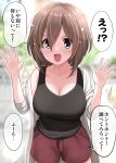  1girl black_tank_top blush breasts brown_hair cardigan cleavage cowboy_shot highres ikari_manatsu kamihira_mao large_breasts looking_at_viewer original outstretched_hand purple_eyes red_shorts shorts solo sweat tank_top translation_request white_cardigan 