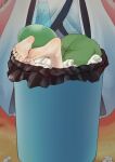  2girls ass barefoot commentary_request feet green_shorts green_tail highres japanese_clothes kimono multiple_girls out_of_frame partial_commentary shorts soles stuck toes touhoku_itako trash_can trembling upside-down voiceroid voicevox white_kimono yukkuri_bitto zundamon 