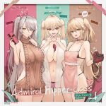  3girls ;d admiral_hipper_(azur_lane) apron azur_lane bare_arms bare_shoulders between_breasts bluecher_(azur_lane) blush breasts brown_sweater character_name commentary_request cowboy_shot grey_hair heart heart_hands highres long_hair looking_at_viewer meme_attire multiple_girls navel one_eye_closed open_clothes open_mouth open_shirt pink_apron prinz_eugen_(azur_lane) shirt smile standing stomach sweater thighs two_side_up very_long_hair virgin_killer_sweater white_shirt yellow_eyes yusha_m 