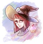  1girl bob_cut cherry closed_mouth cupcake fire_emblem fire_emblem_awakening food fruit glasses hair_tubes hat liefe medium_hair miriel_(fire_emblem) portrait red-framed_eyewear red_hair turtleneck witch_hat 