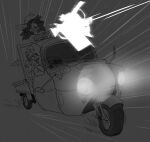  anthro armor canid canine car driving duo female fox greyscale gun hair headgear helmet hi_res machine_gun mammal monochrome motion_lines open_mouth pepper_(sketchytoasty) ranged_weapon scared sketchytoasty vehicle weapon wheels worried 