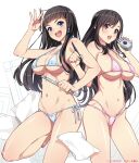  2girls :d ayabe_haruru back-to-back bangs barefoot beads bikini black_hair blue_bikini blue_eyes blunt_bangs blush breasts cleavage contrapposto ero_manga!_h_mo_manga_mo_step-up eroge! from_side gradient_background hair_beads hair_ornament hamashima_shigeo hand_up hands_up highleg highleg_bikini himeno_kisara holding large_breasts leg_up long_hair looking_at_viewer lowleg lowleg_bikini micro_bikini mouse_(computer) multi-strapped_bikini multiple_girls navel official_art open_mouth paper pencil pink_bikini red_eyes ruler shiny_skin side-tie_bikini_bottom sideboob sidelocks skindentation smile standing standing_on_one_leg straight_hair strap_gap string_bikini stylus swept_bangs swimsuit teeth thighs underboob upper_teeth_only v-shaped_eyebrows very_long_hair white_background 