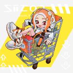  1girl :d arrow_(symbol) artist_name bag bangs bike_shorts bottle collared_jacket fang forehead grey_background gun hair_ornament hairclip headphones highres holding holding_gun holding_weapon in_shopping_cart jacket long_sleeves octoling octoling_girl oekk_8 open_mouth orange_hair parted_bangs red_eyes shoes shopping_cart short_eyebrows short_hair short_shorts shorts sidelocks simple_background sleeves_past_wrists smile sneakers solo splash-o-matic_(splatoon) splatoon_(series) splatoon_2 suction_cups tentacle_hair twitter_username two-tone_background weapon white_footwear white_jacket yellow_background 