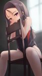  1girl black_hair blush chair charlotte_(anime) competition_swimsuit hair_ornament hairclip highres legs long_hair looking_at_viewer one-piece_swimsuit oren_(770len) otosaka_ayumi purple_eyes sitting sitting_backwards solo swimsuit 
