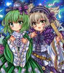  2girls :d bangs black_bow black_bowtie black_hairband black_headwear blonde_hair blue_background blush bow bowtie closed_mouth cowboy_shot dress earmuffs embellished_costume frilled_hairband frills green_dress green_eyes green_hair hair_between_eyes hairband hat hat_ribbon holding lolita_hairband long_bangs long_sleeves looking_at_viewer marker_(medium) medium_hair multiple_girls ofuda ofuda_on_clothes open_mouth pointy_hair purple_ribbon ribbon ritual_baton rui_(sugar3) sample_watermark shirt smile soga_no_tojiko standing tate_eboshi touhou toyosatomimi_no_miko traditional_media white_shirt wide_sleeves yellow_eyes 