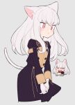  1girl animal_ears bangs blush buttons cake cake_slice cat_ears cat_tail chibi closed_eyes closed_mouth do_m_kaeru fire_emblem fire_emblem:_three_houses food garreg_mach_monastery_uniform grey_background holding holding_plate kemonomimi_mode long_hair long_sleeves looking_away lysithea_von_ordelia open_mouth pink_eyes plate simple_background tail uniform white_hair 