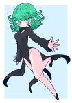  1girl ahoge bangs black_dress breasts collared_dress curly_hair dress green_eyes green_hair highres one-punch_man op_na_yarou short_hair side_slit small_breasts solo tatsumaki 