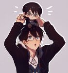  1boy argyle arms_up black_hair blush blush_stickers character_doll collared_shirt doll emphasis_lines glasses grey_background grey_eyes headphones headphones_around_neck highres hiyama_kiyoteru hiyama_kiyoteru_(vocaloid4) holding holding_doll jacket looking_up male_focus nifffi open_clothes open_jacket open_mouth outline shirt simple_background solo vocaloid white_outline 