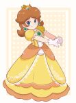  1girl blue_eyes border brooch brown_hair chocomiru closed_mouth dress earrings full_body gloves high_heels highres jewelry mario_(series) non-web_source polka_dot polka_dot_background princess_daisy smile solo super_smash_bros. white_border yellow_dress 