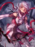  1girl apex_legends bangs blood_moon_catalyst breasts catalyst_(apex_legends) chin_piercing clothing_cutout colored_tips english_commentary eyeshadow gloves grey_eyes grey_hair hair_behind_ear hair_over_one_eye jacket leaning_forward liquid looking_at_viewer makeup multicolored_hair nose_piercing nose_ring official_alternate_costume one_eye_covered open_hand parted_lips piercing red_eyeshadow red_gloves red_hair shoulder_cutout small_breasts solo western_comics_(style) white_jacket wide-eyed wiki_(juicykiwi) 