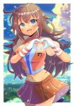  1girl :d bangs blue_eyes blue_sky blush breasts brown_hair brown_skirt cloud cloudy_sky commentary_request commission copyright_request crop_top day gloves groin hair_between_eyes kou_hiyoyo long_hair looking_at_viewer medium_breasts midriff navel orange_shirt puffy_short_sleeves puffy_sleeves shirt short_sleeves skeb_commission skirt sky smile solo striped striped_gloves very_long_hair virtual_youtuber white_gloves 