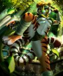  2023 absurd_res action_pose bra breasts clothing dreamworks felid female fence hi_res kaedeer kung_fu_panda looking_at_viewer mammal master_tigress outside pantherine panties plant pose solo tiger tree under_boob underwear wrappings 