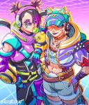  2girls animal_ear_headphones animal_ears apex_legends arm_on_shoulder black_bodysuit blue_eyes bodysuit cat_ear_headphones catalyst_(apex_legends) catalyst_(technowitch)_(apex_legends) clothing_cutout eyeshadow fake_animal_ears gloves grey_shorts hand_on_hip headphones highres looking_ahead makeup midriff multicolored_hair multiple_girls navel official_alternate_costume purple_eyeshadow purple_gloves purple_hair purple_lips scar scar_on_stomach short_hair shorts shoulder_cutout smile streaked_hair sunglasses thekittlekat thunder_kitty_wattson twintails visor_cap wattson_(apex_legends) 