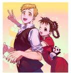  1boy 1girl ;d alphonse_elric animal bangs black_eyes black_hair black_vest blonde_hair blue_pants border breasts buttons china_dress chinese_clothes collared_shirt double_bun dress dress_shirt eyelashes fingernails fullmetal_alchemist gradient_background green_background hair_bun hair_rings hand_up happy heart height_difference high_collar light_blush looking_at_viewer may_chang multicolored_background one_eye_closed open_mouth orange_background panda pants pink_background qin_(7833198) red_dress shirt short_sleeves side-by-side side_slit simple_background sleeves_rolled_up small_breasts smile swept_bangs tareme teeth underboob upper_body upper_teeth_only v veins veiny_arms vest white_border white_shirt xiao-mei yellow_background yellow_eyes 