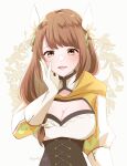  1girl :d breasts brown_hair cleavage commentary corset fire_emblem fire_emblem_engage gloves goldmary_(fire_emblem) hair_ribbon hand_up highres large_breasts long_hair long_sleeves looking_at_viewer open_mouth ribbon smile solo upper_body white_gloves white_ribbon yellow_eyes yutohiroya 