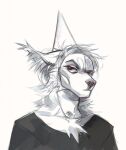  2018 anthro artist_name black_clothing black_topwear bust_portrait canid cheek_tuft clothed clothing dated facial_tuft front_view glistening glistening_eyes grumpy hair hat headgear headwear hi_res male mammal mouth_closed neck_tuft party_hat portrait red_eyes simple_background sketch solo topwear tuft unknowhiter white_background white_body white_hair 