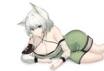  1girl absurdres animal_ears arknights bare_shoulders breasts cat_ears cleavage commentary_request dress feet_out_of_frame green_dress green_eyes highres kal&#039;tsit_(arknights) large_breasts long_sleeves looking_at_viewer lying off-shoulder_dress off_shoulder pencil_dress sarea_(sarea2020) short_hair simple_background solo thighs white_background white_hair 