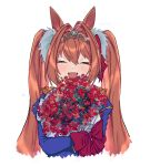  1girl animal_ears bangs blue_jacket blush bouquet brown_hair closed_eyes daiwa_scarlet_(umamusume) epaulettes facing_viewer fang flower hair_intakes highres holding holding_bouquet horse_ears jacket long_hair long_sleeves open_mouth pprs08 smile solo tiara translation_request twintails umamusume upper_body 
