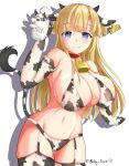  1girl absurdres animal_ears animal_print baby_duck_kai bell blonde_hair blue_eyes bottle breasts cleavage closed_mouth cow_ears cow_girl cow_horns cow_print cow_tail cowbell fletcher_(kancolle) garter_straps highres horns kantai_collection kneehighs large_breasts long_hair looking_at_viewer milk_bottle navel smile socks solo tail 