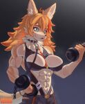  abs anthro big_breasts bodily_fluids bottomwear breasts broad_shoulders broken_chain buffpup canid canine clothing collar countershading cuff_(restraint) ear_piercing ear_ring exercise female hair harness hi_res kemari kemono leash mammal multicolored_hair muscular muscular_anthro muscular_arms muscular_female navel neck_tuft orange_hair pants piercing red_hair restraints ring_piercing small_waist solo sparkling_eyes spiked_collar spikes straps sweat tuft two_tone_hair vtuber weightlifting weights were werecanid werecanine werewolf workout 